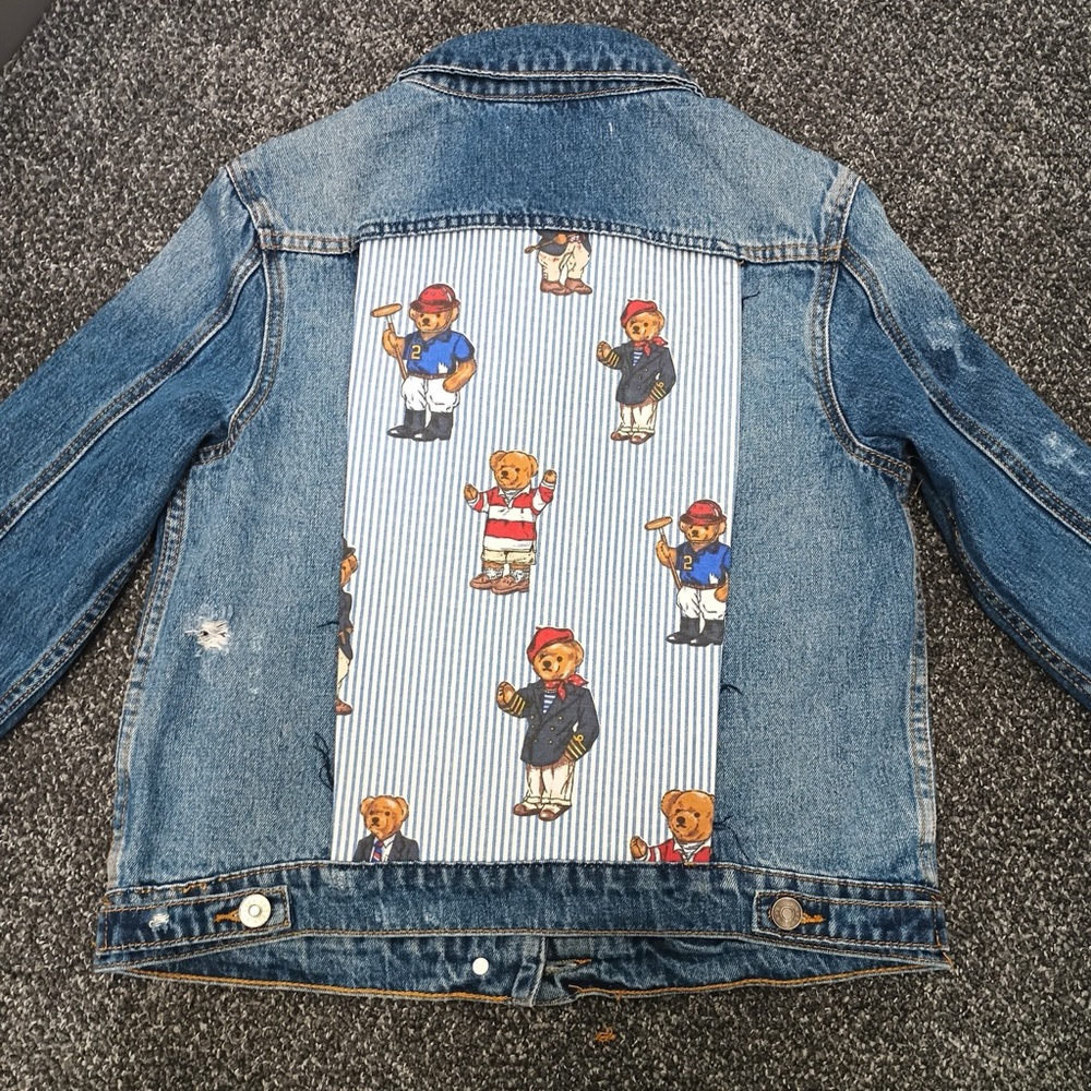Upcycled Denim Jacket with Polo Bear Print